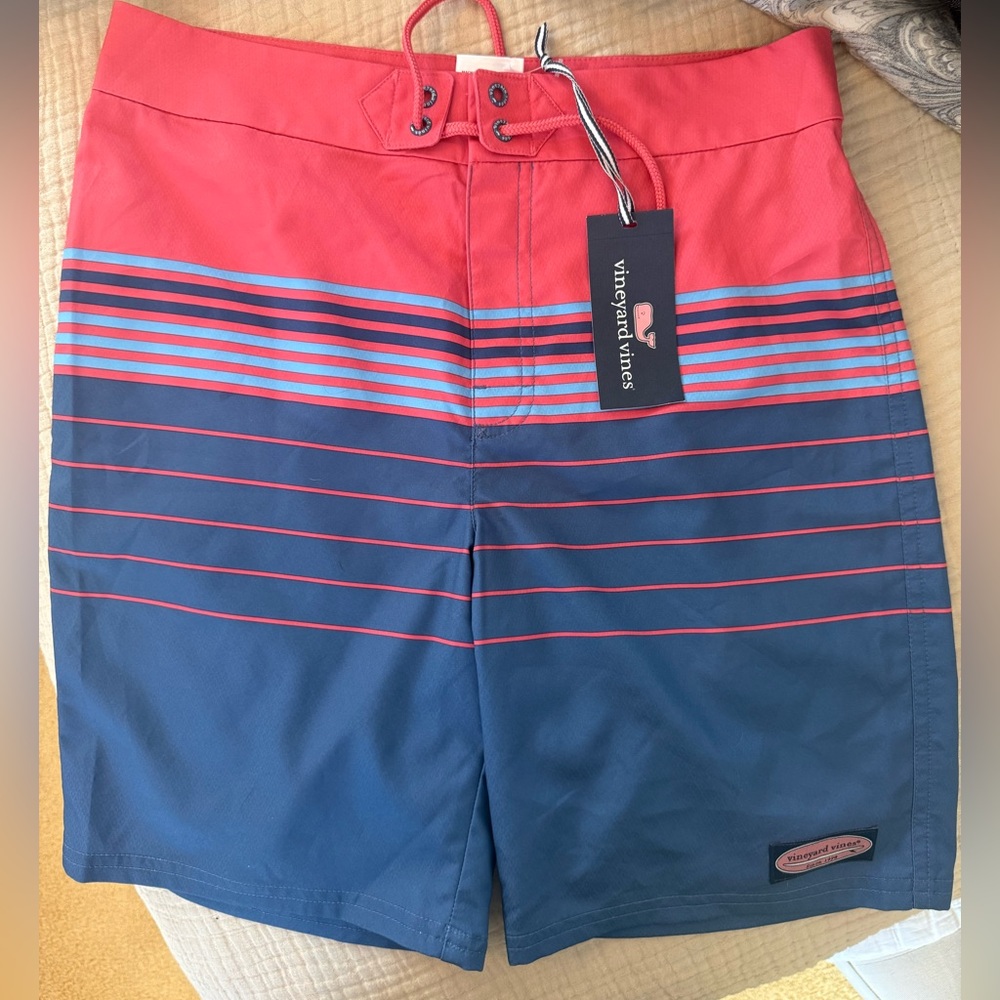 Vineyard Vines Coral and Navy Striped Men’s Swim Shorts